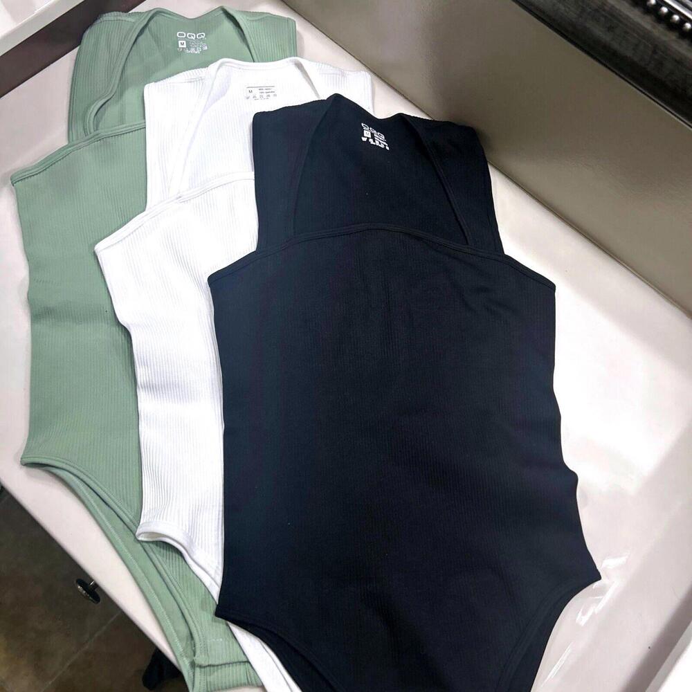 Women's 3 Pc. Set of Bodysuits - Sexy Ribbed, Sq. Neck - Size M; Blk, Wht, Green